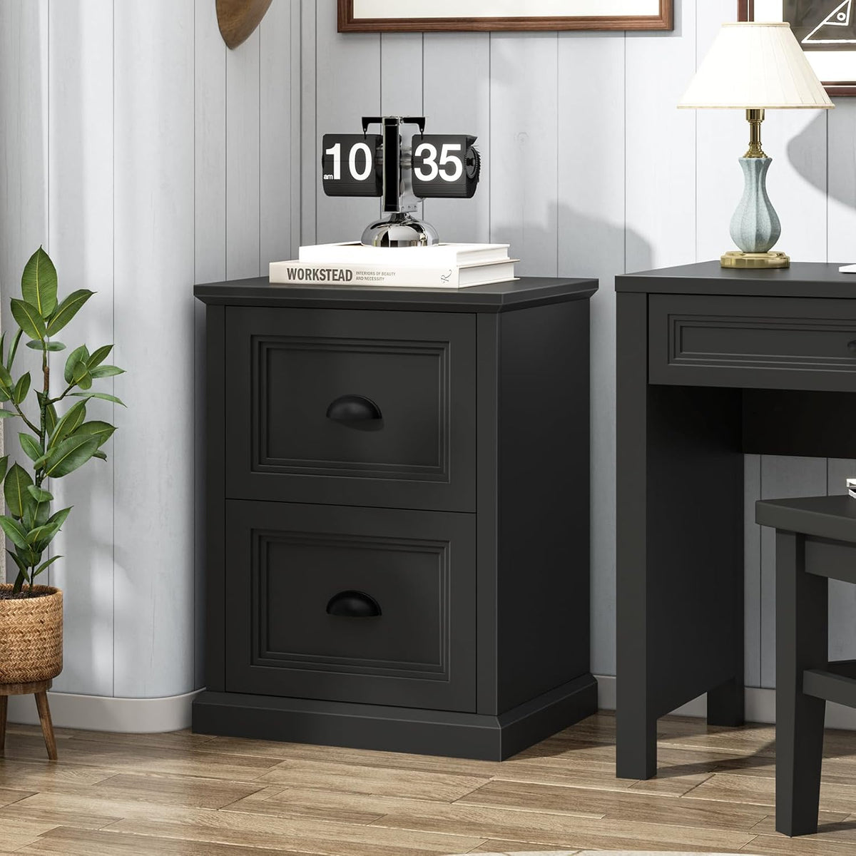 Halitaa Vertical File Cabinet, Filing Cabinet with 2 File Drawers, Farmhouse Small File Cabinet Fits Letter/A4 Size, Wooden Printer Stand, Under Desk Cabinets for Home Office, Black
