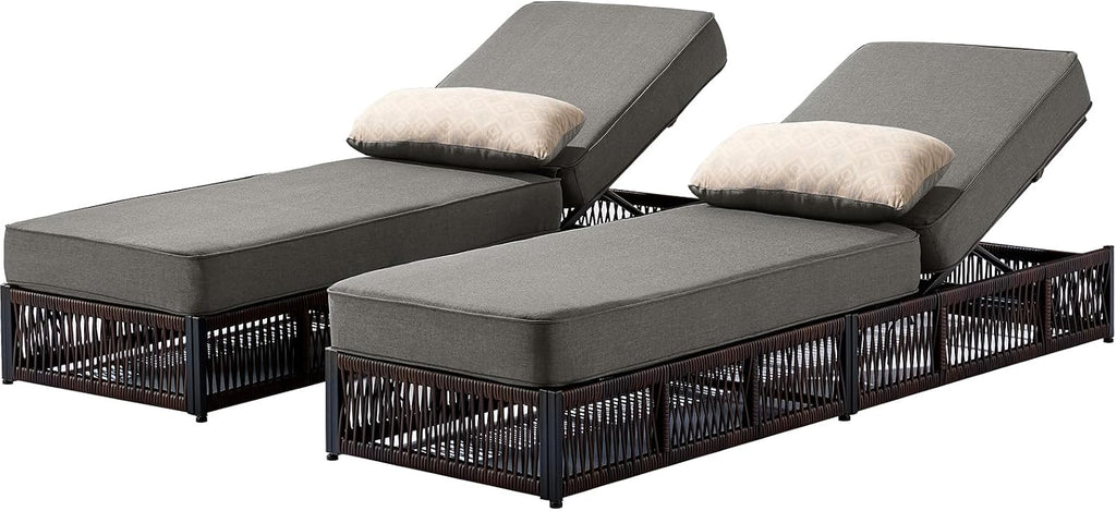 Luxury Outdoor Chaise Lounges with 5 Inch Thickened Cushions - Set of 2 High Back Brown Wicker Patio Recliners Rattan Reclining Chairs Porch Poolside Pool Sunbathing Lounger - Grey