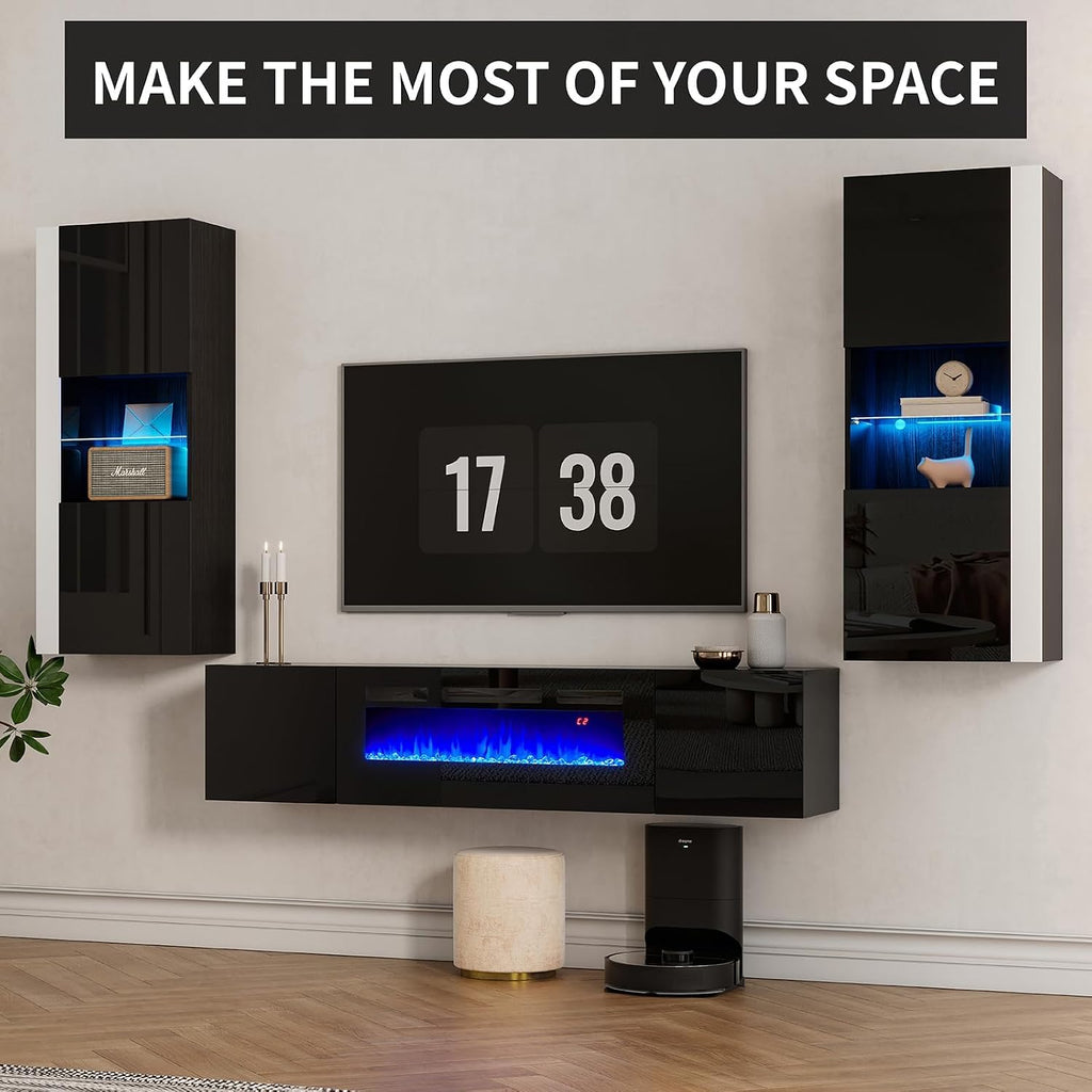 AMERLIFE Wall Unit Entertainment Center with 40" Electric Fireplace, Includes 80" Floating Fireplace TV Stand, 2 x Wall Cabinets, Modern LED Light Media Console Table for Living Room, Black