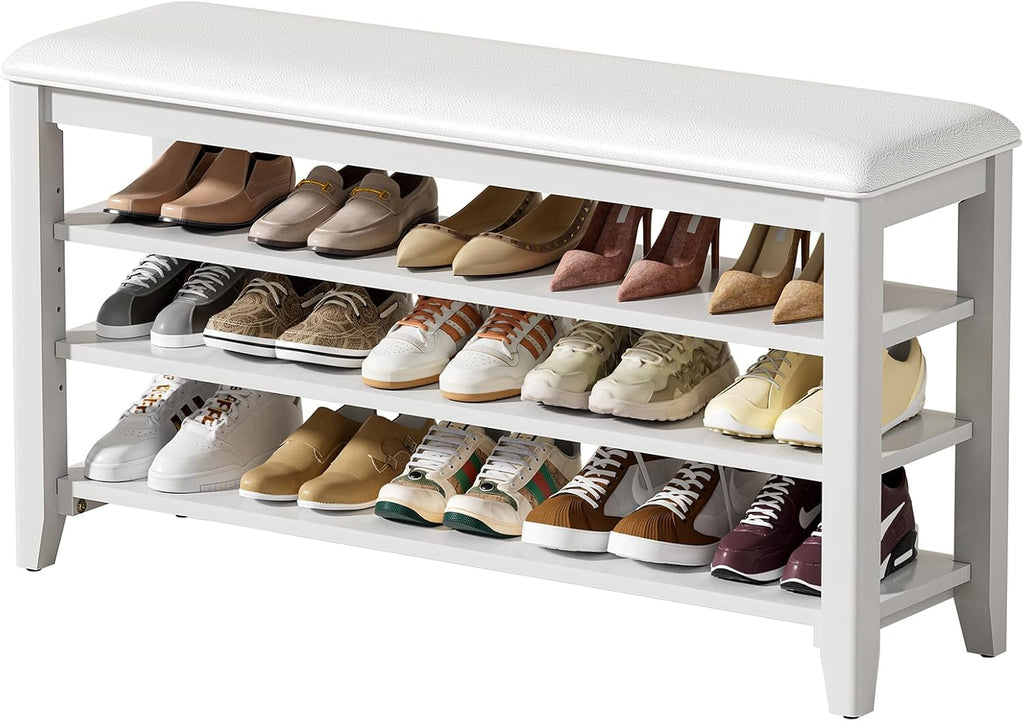 Shoe Rack Bench Entryway Storage with Leather Cushion, Shoe Organizer Bench for Entryway, Ideal for Front Doors Entrances Hallway Mudroom Featuring Rubberwood And 3 Height-Adjustable Removable Shelve