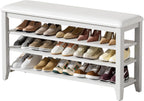 Shoe Rack Bench Entryway Storage with Leather Cushion, Shoe Organizer Bench for Entryway, Ideal for Front Doors Entrances Hallway Mudroom Featuring Rubberwood And 3 Height-Adjustable Removable Shelve