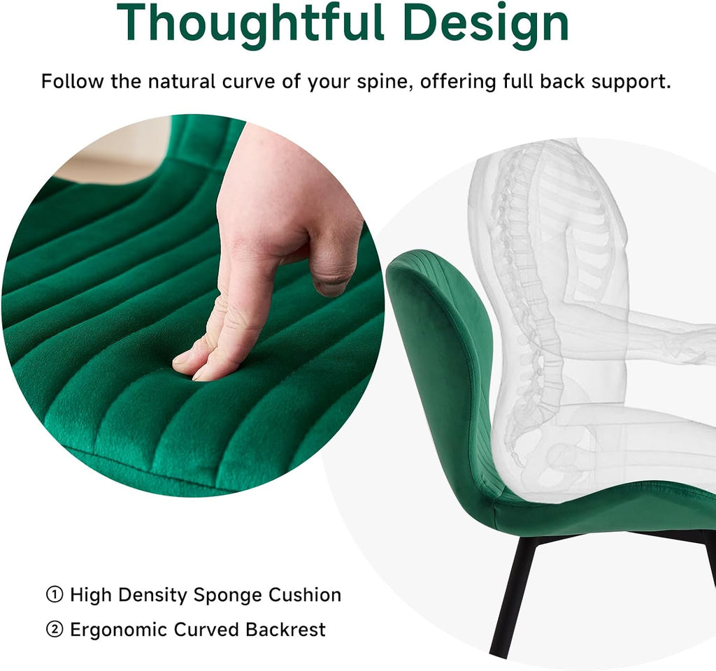 Green Velvet Dining Chairs Set of 4, Ergonomic Kitchen Chairs | Modern Upholstered Dining Chairs, Vertical Striped Enclosed Side Chair with Curved Backrest & Metal Legs for Living Room