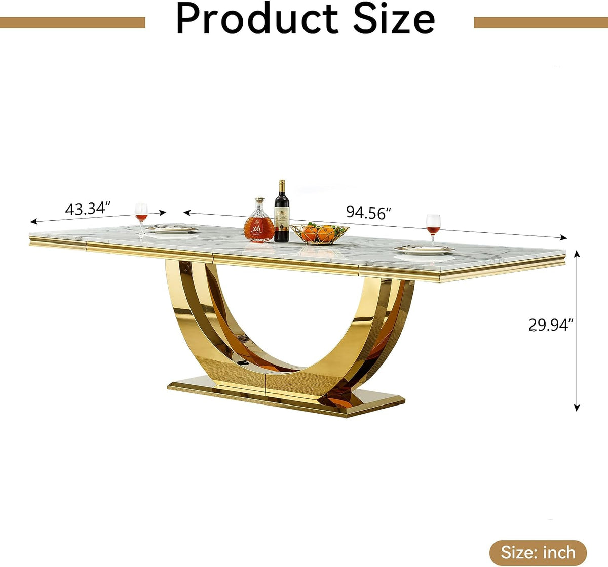 Henf 95 Inch White Faux Marble Dining Room Table for 4 6 8 10, Modern Gold Kitchen Table with U-Shape Stainless Steel Pedestal, Luxury Large Rectangle Dinner Tables for Kitchen, Dining Room