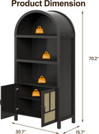RoyalCraft Tall Arched Storage Cabinet with Rattan Door, 5-Tier Arched Kitchen Pantry with Adjustable Shelves, Black Bookshelf Bookcase Curio Display Cabinet Cupboard for Kitchen, Living Room