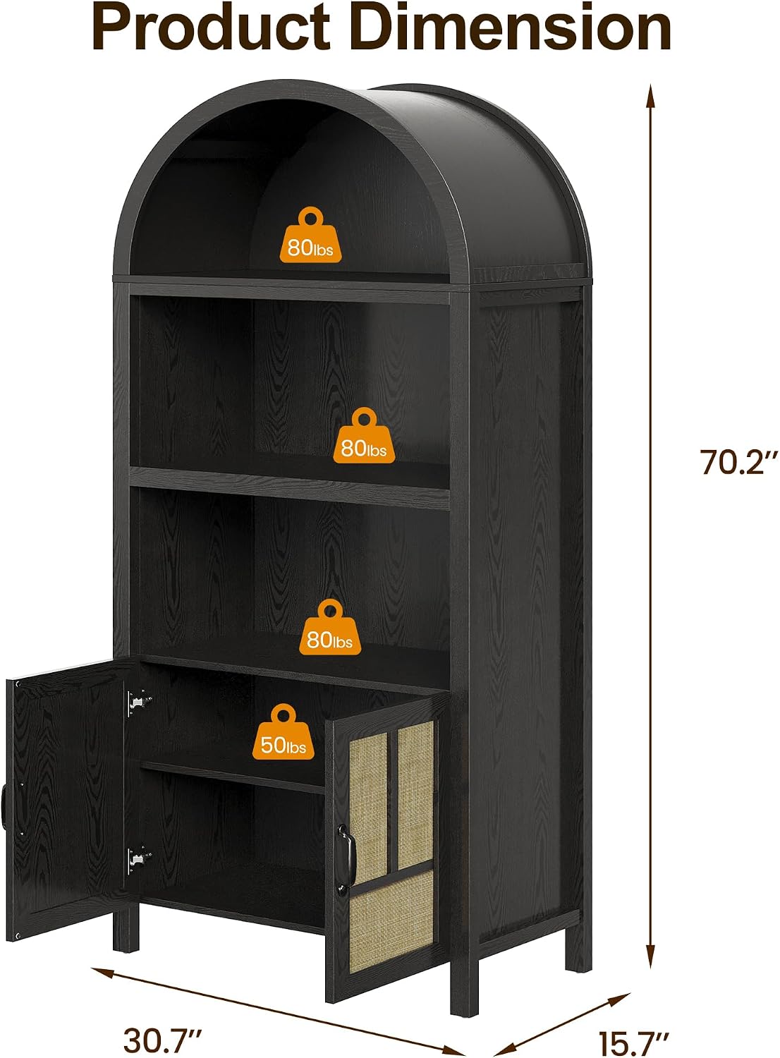 RoyalCraft Tall Arched Storage Cabinet with Rattan Door, 5-Tier Arched Kitchen Pantry with Adjustable Shelves, Black Bookshelf Bookcase Curio Display Cabinet Cupboard for Kitchen, Living Room