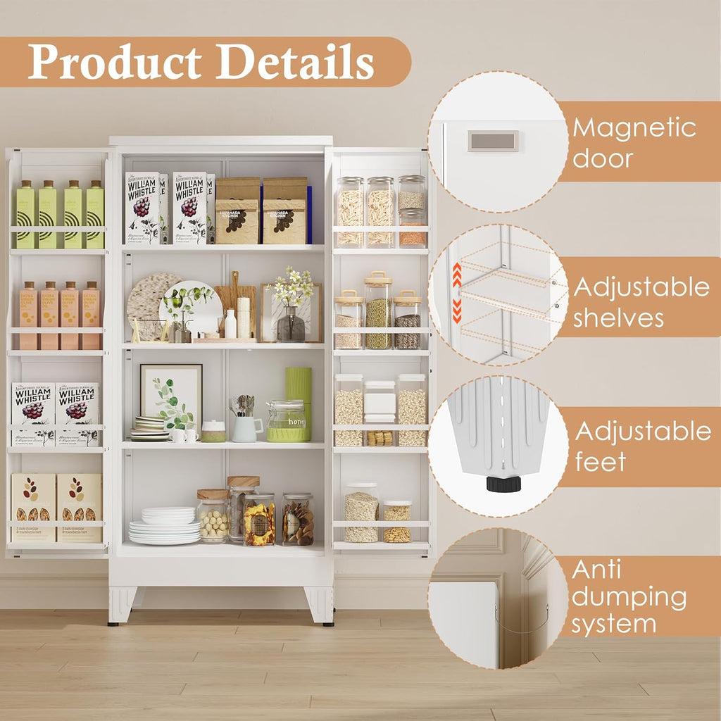 48" H Metal Kitchen Pantry Storage Cabinet, Freestanding Cupboard Storage Cabinet with Doors and Adjustable Shelves, Large Stand Up Food Cupboard for Living Room, Dinning Room, White