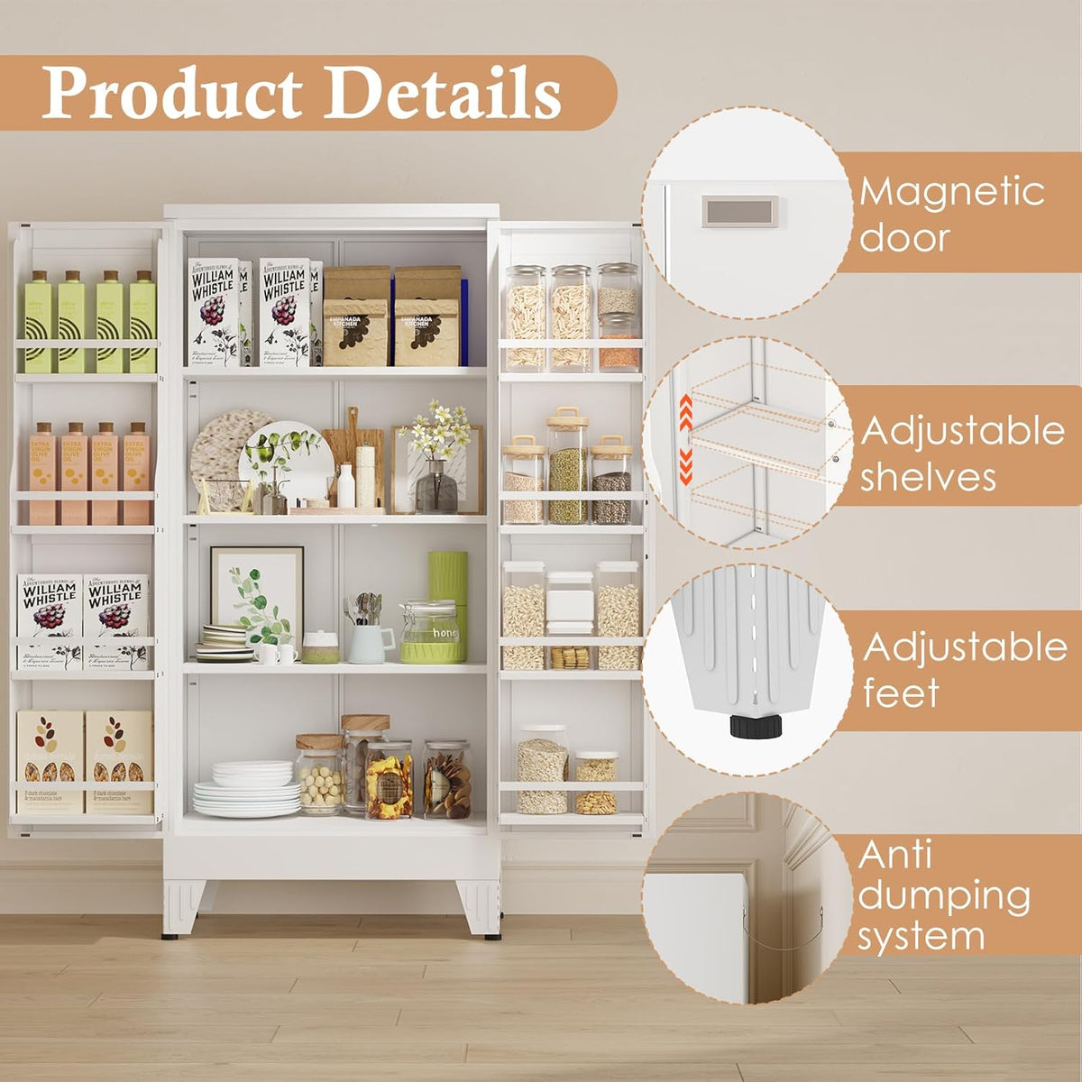 48" H Metal Kitchen Pantry Storage Cabinet, Freestanding Cupboard Storage Cabinet with Doors and Adjustable Shelves, Large Stand Up Food Cupboard for Living Room, Dinning Room, White