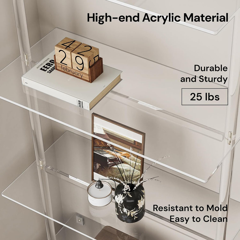 Acrylic Ladder Bookshelf, 4-Tier Clear Wall Mounted Bookshelf with Open Shelves, Multipurpose Bookcase for Living Room, Bathroom, Office, Modern, 11.6" D x 23.4" W x 59.4" H