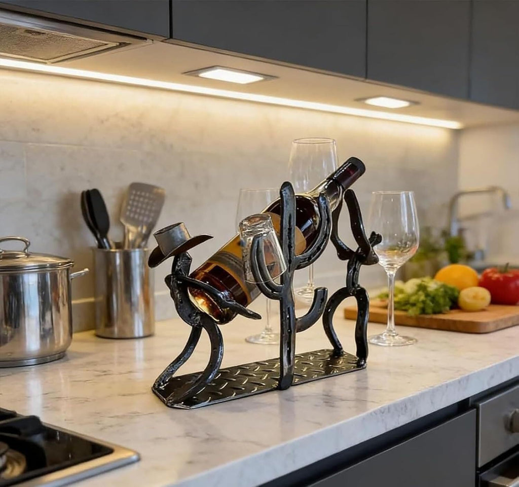 Cowboy Wine Bottle Holder Gift for Men - Heavy Duty Metal Cactus Wine Rack - Rustic Western Decor Countertop Stand - Unique Southwestern Sculpture for Bar, Kitchen, Office