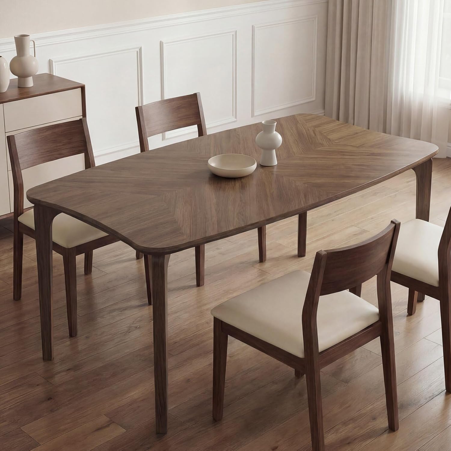HNY Modern Curved Edge Dining Table, 63" Solid Wood Kitchen Table with Herringbone Pattern Mid-Century Rectangular Dinner Table for 6-8 People, Walnut Color Finish