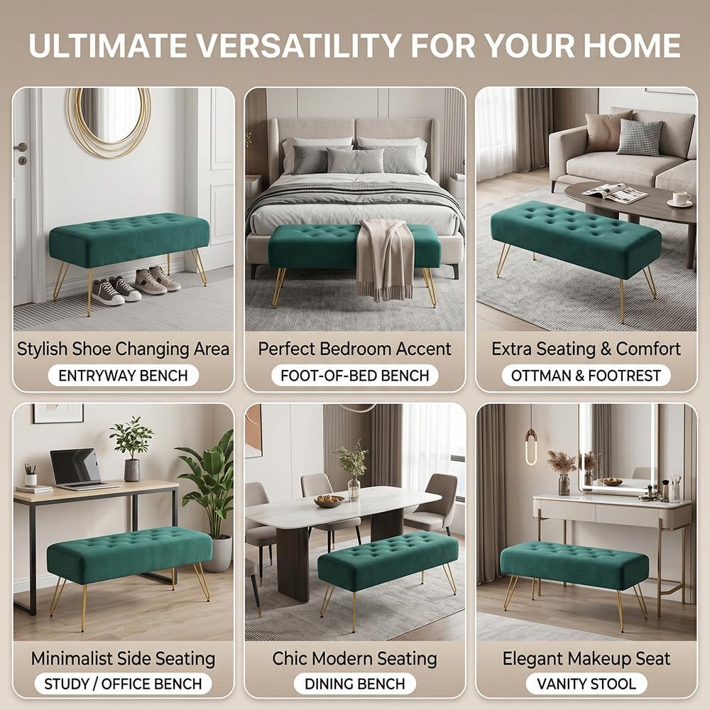Velvet Button-Tufted Entryway Bench, 39.37" Modern Upholstered Bedroom Bench with Gold Metal Legs, Padded Rectangular End of Bed Bench for Living Room, Dining Room (Blackish Green)