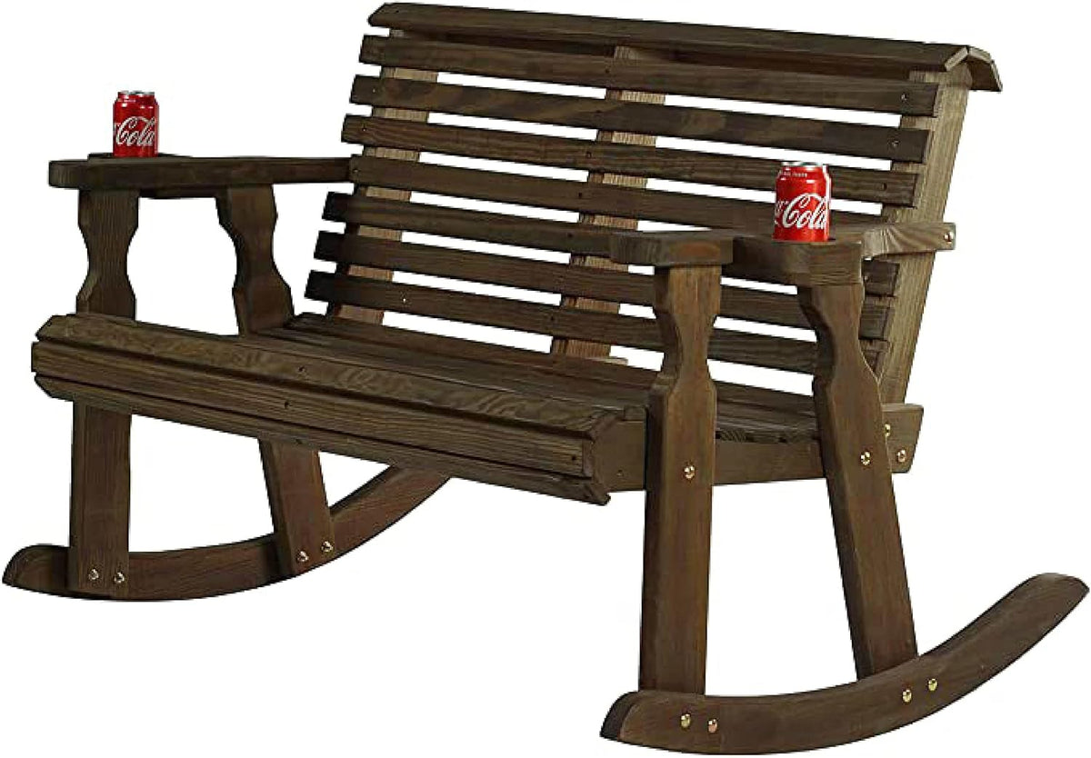 Amish Casual Heavy Duty 800 Lb Roll Back Pressure Treated Double Rocker with Cupholders (Dark Walnut Stain)
