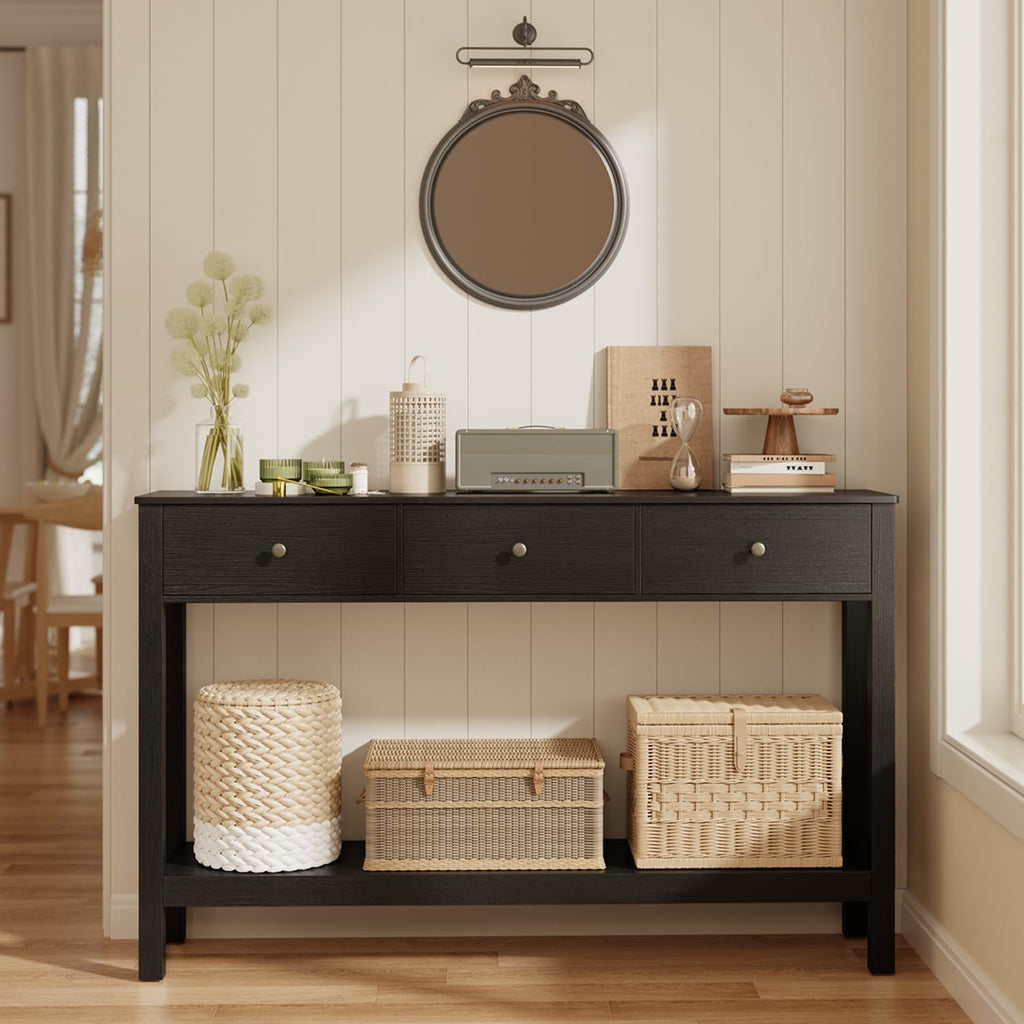 Gizoon 3 Drawer Wooden Sofa Table with Open Shelf | Modern Accent Console Table with Large Storage Space, for Living Room, Front Hall, Entrance Hall, Study Room, Black