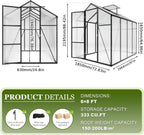 7.2FT High 6*8.2FT Greenhouse for Outdoors,Polycarbonate Greenhouse with Stronger Wind Protection and Roof Vent,Walk-in Large Aluminum Sunroom Winter Proof,Black