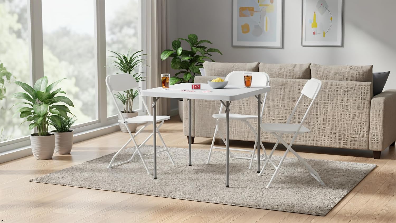 BTEXPERT 5 Piece Folding Card Table Portable and Chair Set, 34" Square Foldable Table 4 Adult Chairs for Board Games Party Home Indoor Outdoor Lightweight White Plastic