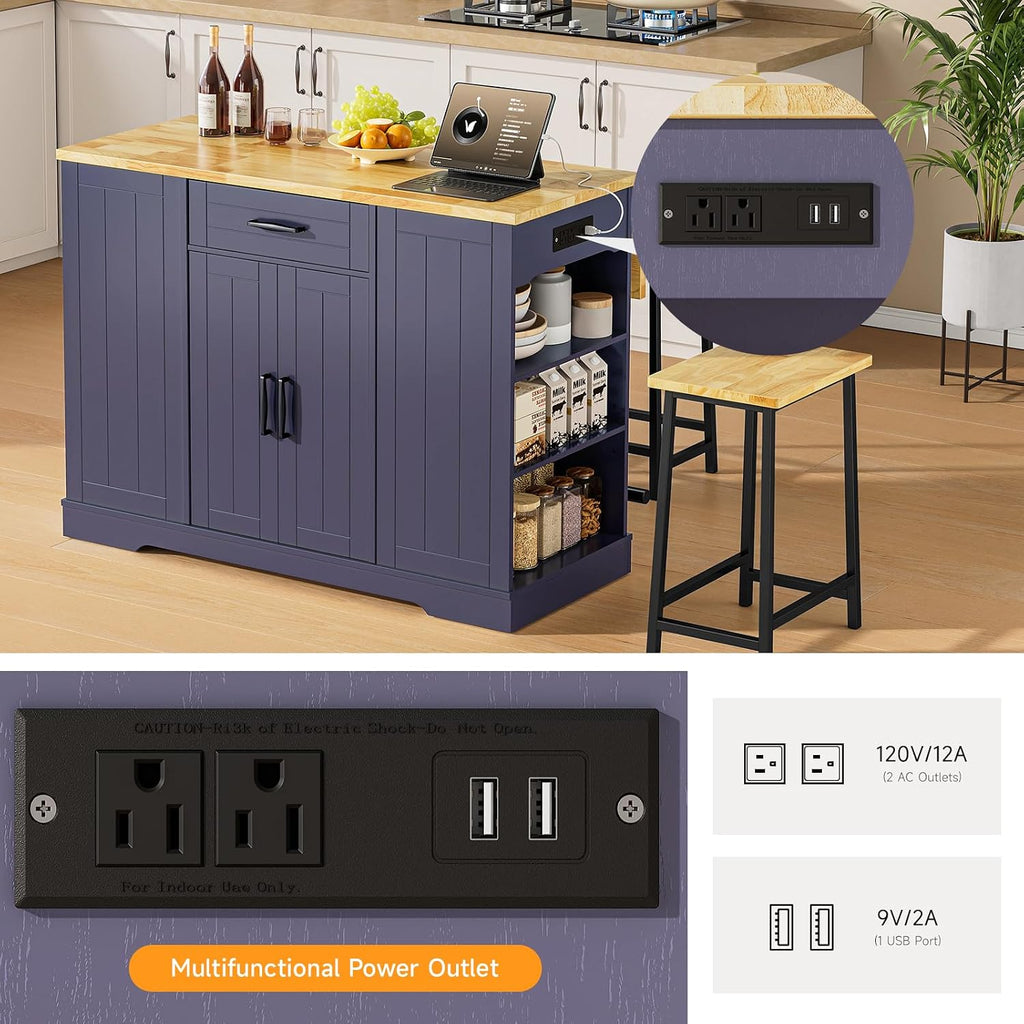 ONBRILL 47" Kitchen Island with Trash Can Storage, Include 2 Chairs, Blue | Stationary Island Table with Drop Leaf & Power Outlet, 3-Tier Spice Rack & Storage Cabinet with Adjustable Shelf