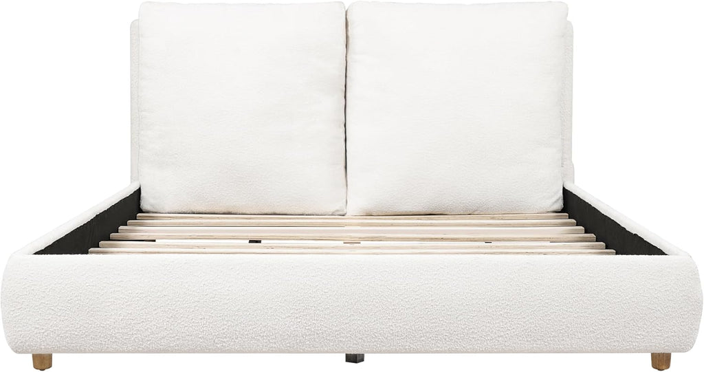 Merax Queen Boucle Upholstered Bed, 2 Removable Headboard Pillows, White