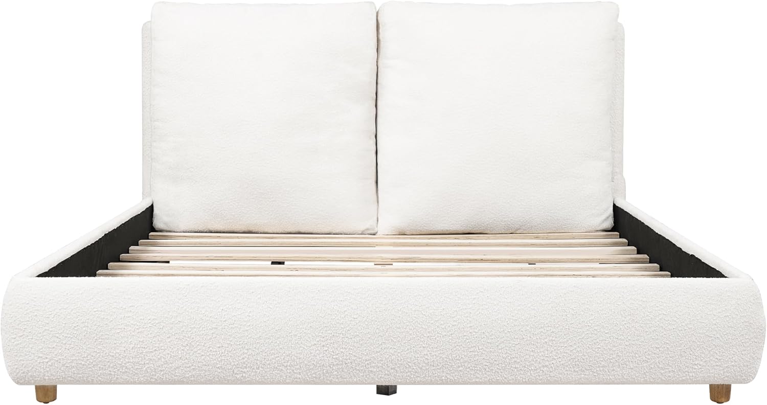 Merax Queen Boucle Platform Bed with 2 Removable Headboard Pillows, White