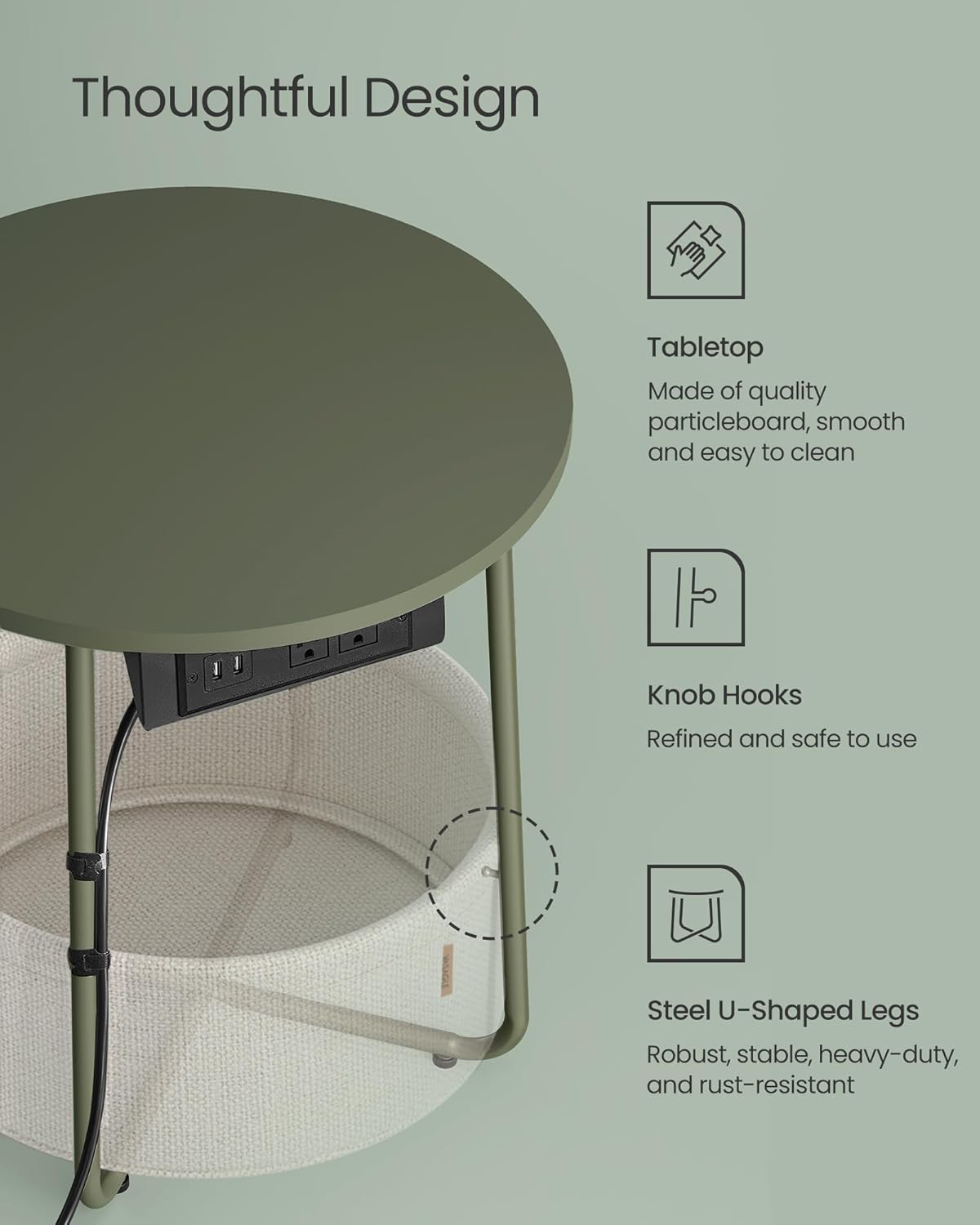 VASAGLE LILEA Collection - Side Table with Charging Station, Round End Table with Fabric Basket, Nightstand with USB Ports, for Living Room, Bedroom, Modern, Forest Green and Cream White ULET228C04