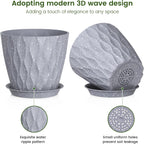 7 inch Plant Pots for Indoor Outdoor Plants, 5 Pack Thick Flower Pots with Drainage Holes and Saucers, 3D Modern Wave Texture Plastic Planter Nursery Pots, Speckled Grey