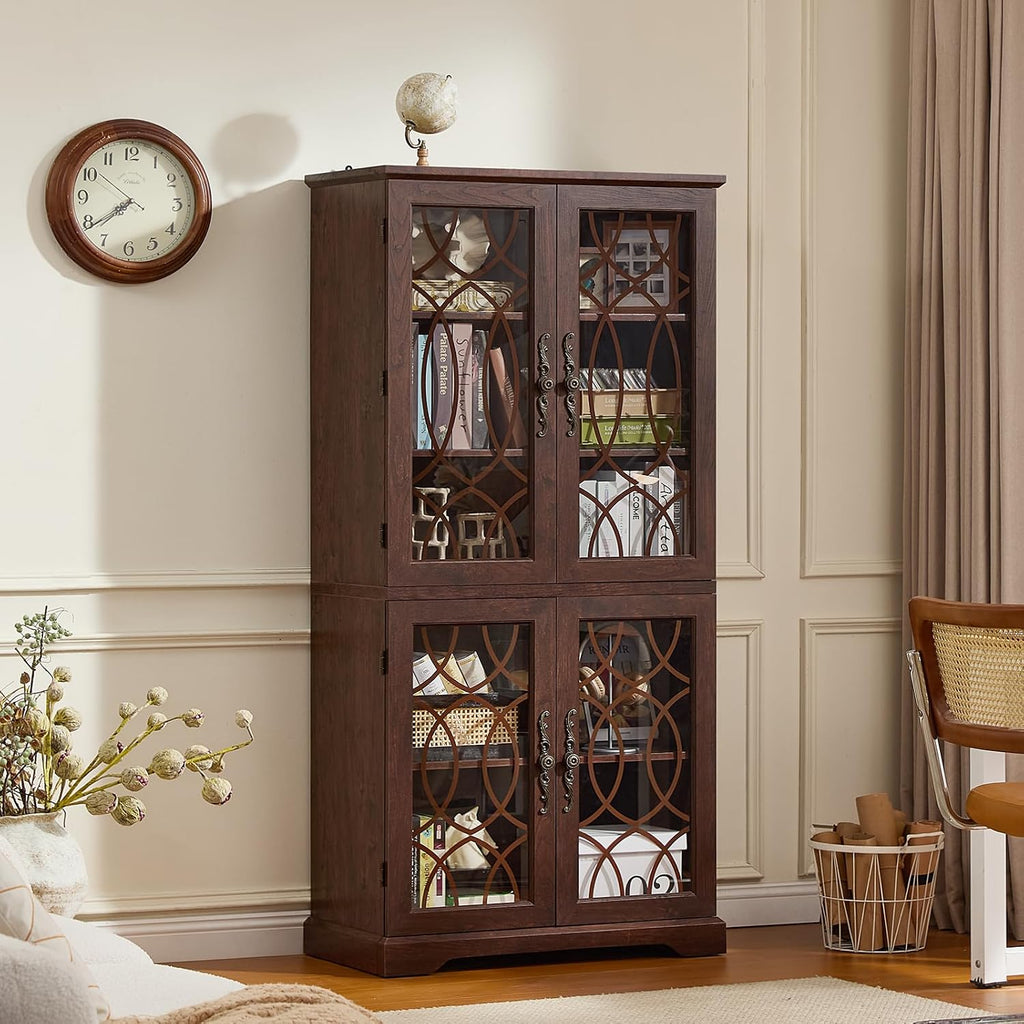 Joaxswe 67" Tall Pantry Cabinet, Wood Kitchen Pantries Cabinets with Glass Doors & Adjustable Shelves, Freestanding Vintage Cupboard with Large Storage for Dining Room, Bathroom, Walnut