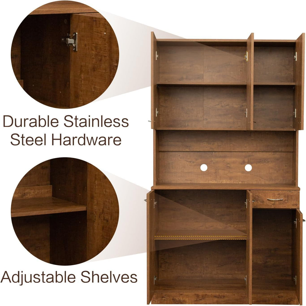 71" Kitchen Pantry Cabinets with Microwave Stand, 6 Doors & 3 Adjustable Shelves, Freestanding China Cabinet Hutch, Buffet Cabinet with Storage, Walnut