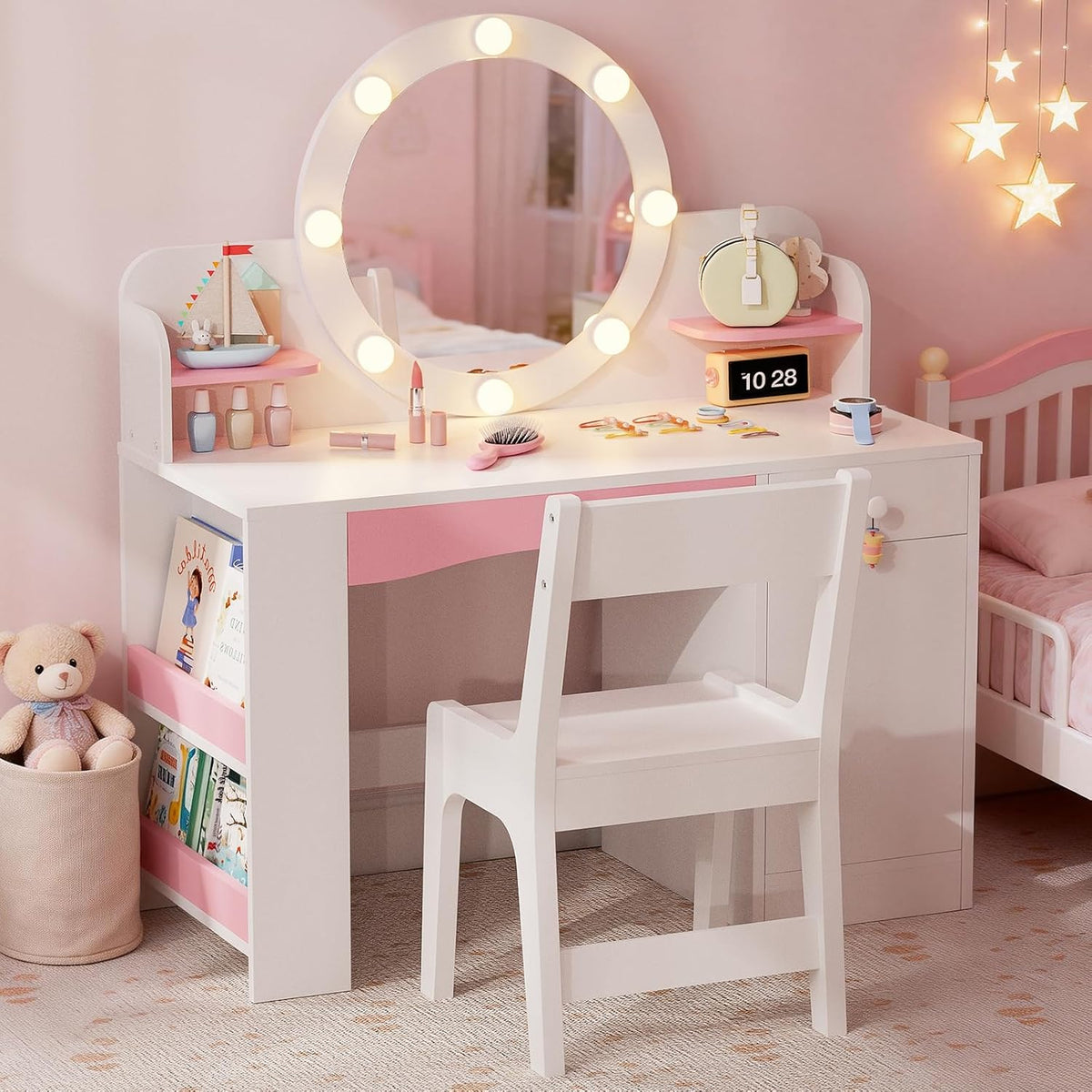 Teckid Kids Vanity Table and Chair Set with Lighted Mirror Storage Drawers Shelves for Little Girls | Open Bookshelf, Shelves, Drawers and Storage Cabinet