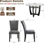 PADMA HOUSE Round Glass Dining Table Set for 4, 45in Modern Kitchen Small Wood Dinner Table with 4 Parsons Leather Dining Chairs 5 Piece Dining Room Table Chair Set, Clear&Grey