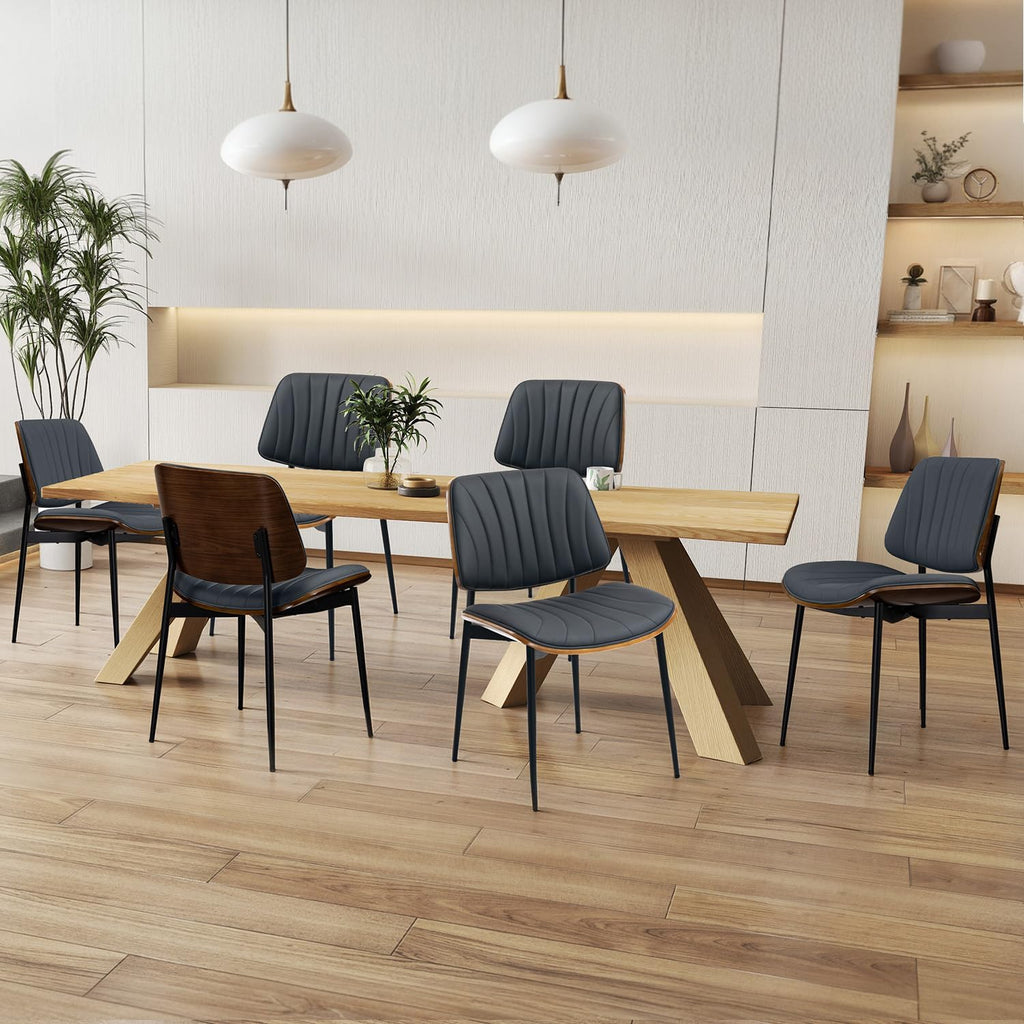 AVAWING Walnut Dining Chairs Set of 6, Mid Century Modern Dining Chairs PU Leather Upholstered Kitchen Chairs with Walnut Bentwood Back & Metal Legs for Dining Room, Kitchen, Living Room, Black