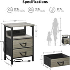 Lazzanto Night Stand with Charger Station, 2 Fabric Drawers, Grey | Nightstand, Bedside Table, Open Shelf, Built in USB-A, USB-C Port & AC Outlets, For Bedroom, Dorm, Living Room