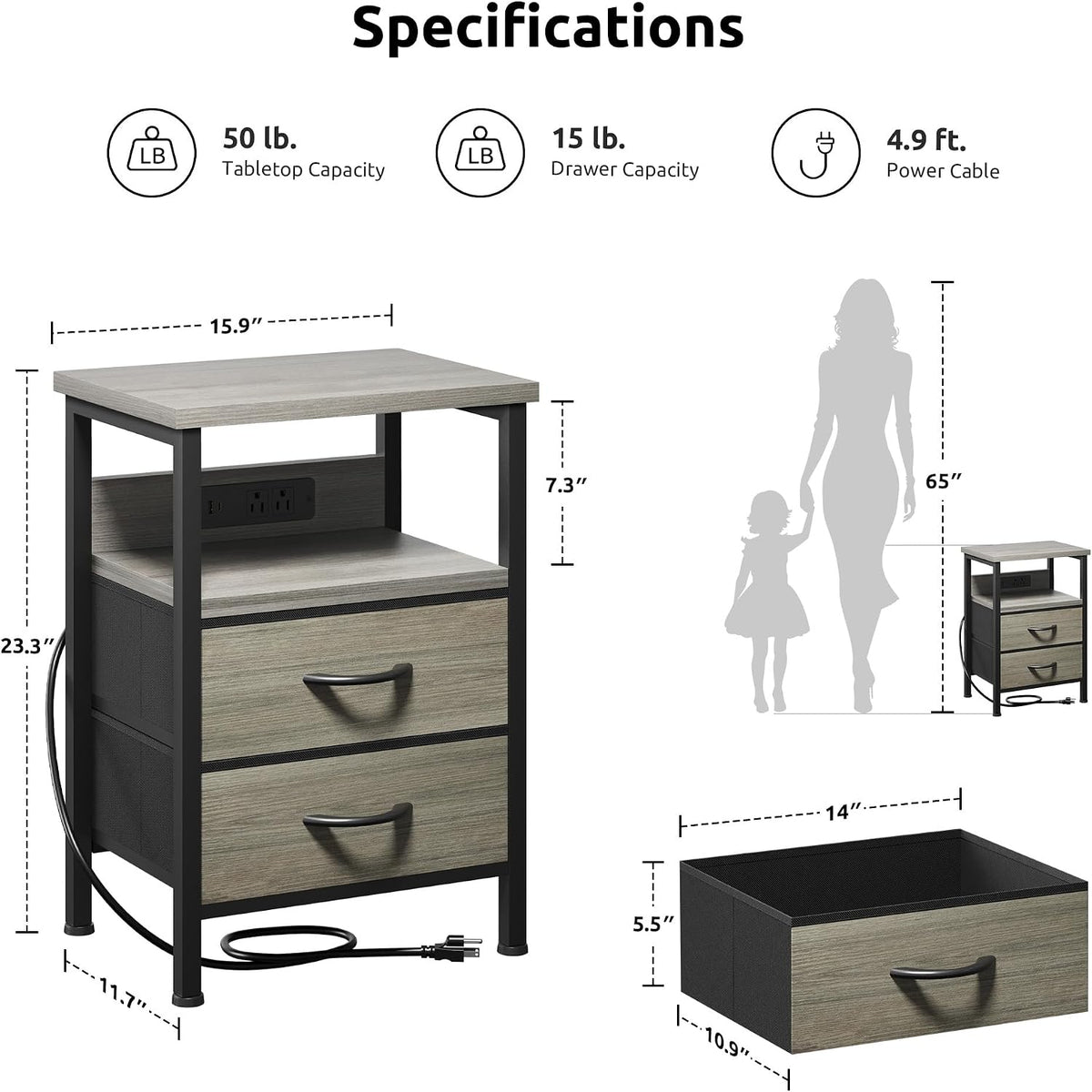 Lazzanto Night Stand with Charger Station, 2 Fabric Drawers, Grey | Nightstand, Bedside Table, Open Shelf, Built in USB-A, USB-C Port & AC Outlets, For Bedroom, Dorm, Living Room