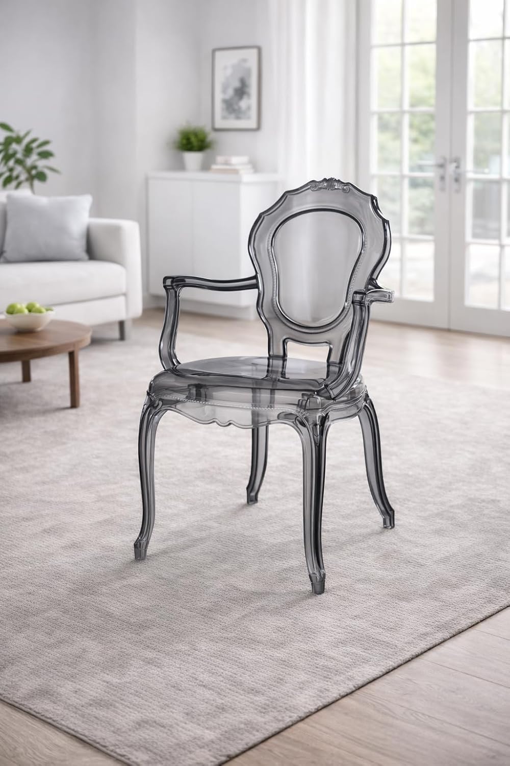 2xhome Stackable Ghost Dining Chair | Transparent Vanity Armchair | Louis Belle Style Kitchen Patio Chair Parent (2, Smoke, Armchair)