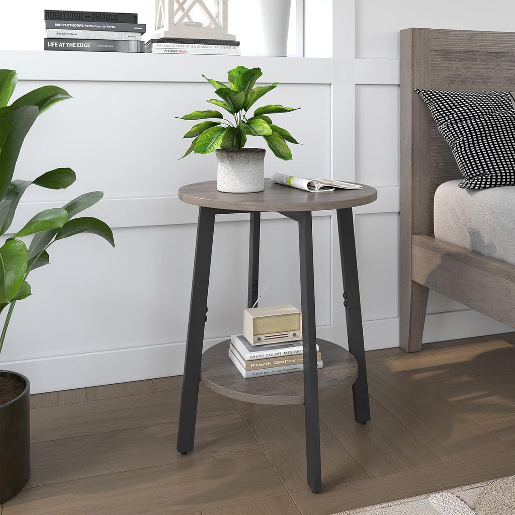 sthmec Side Table Set of 2, Small Round End Table with Storage Shelf for Small Space, 2-Tier Bedside Table Sofa Couch Table, Nighstands Set of 2 Accent Table for Living Room, Bedroom, Grey