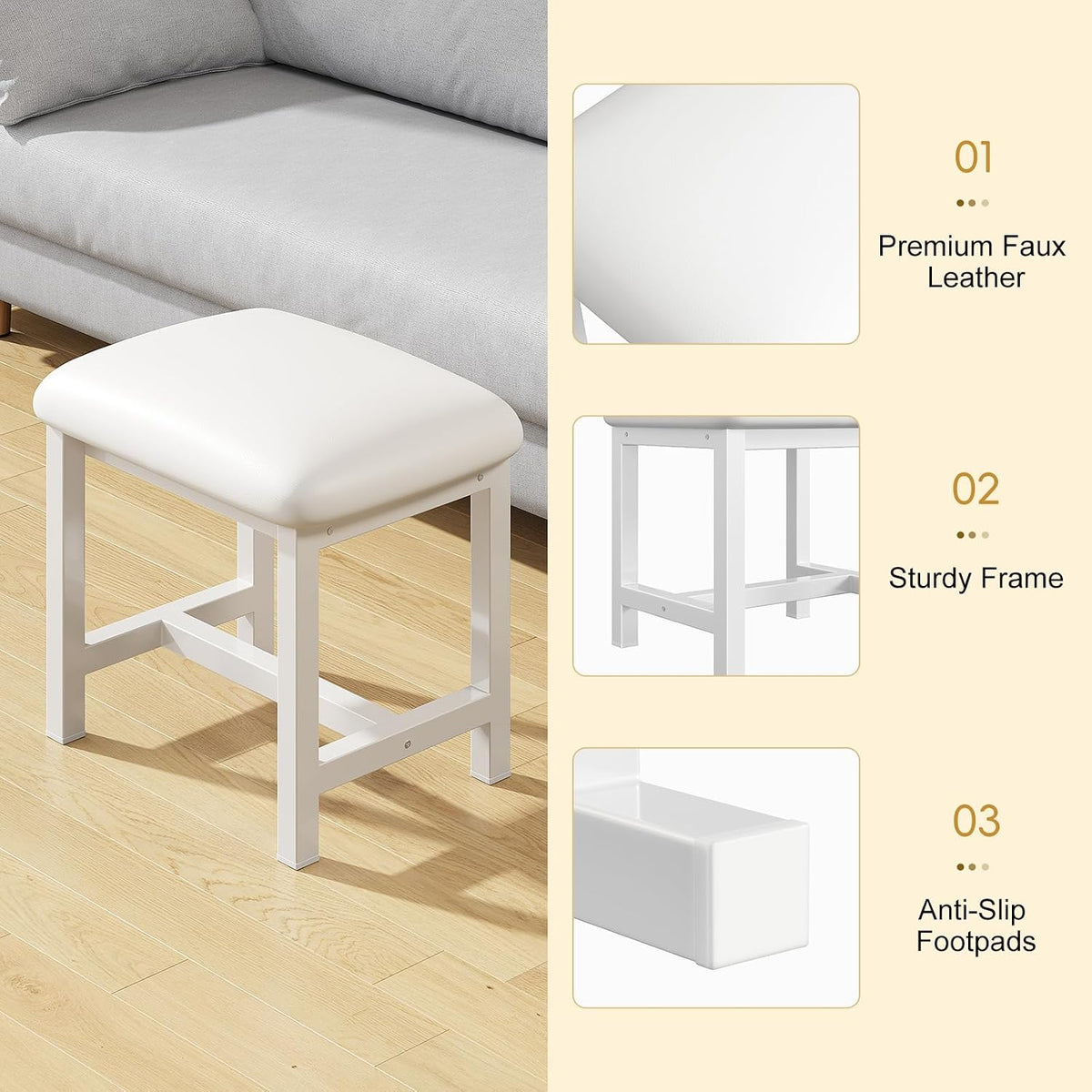 White Vanity Stool, Small Vanity Chair, Makeup Bench Seat for Deak | Vintage Style Vanity Bench Seat, Backless Stools for Vanity Compact, Stool for Bedroom, Bathroom, Entryway, Living Room