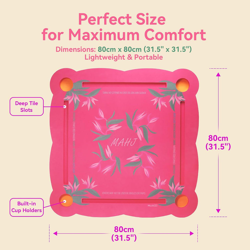 Luxury Floating Mahjong Table for Pool,31.5" EVA Foam Pool Float Board Game Tray with Cup Holders & Tile Slots, American Mahjong Summer Party Supplies (Orchid Bloom Series)(Rose Pink)