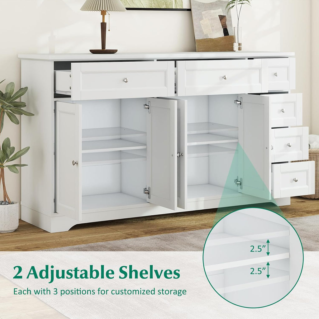 Giantex Large Buffet Cabinet with Storage, 59” Kitchen Cabinet with 4 Doors, 6 Drawers & 2 Adjustable Shelves, Modern Sideboard for Living Room, Coffee Bar, White