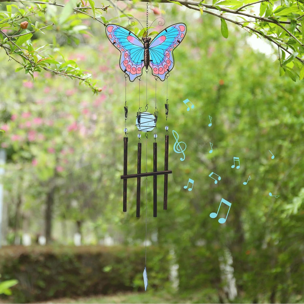 MUMTOP Butterfly Wind Chimes for Outside, Stained Glass Wind Chime Windchimes for Patio, Outdoor,Garden,Yard,Coastal,Window,Home Decor or Gifts for Women(Blue & Red)