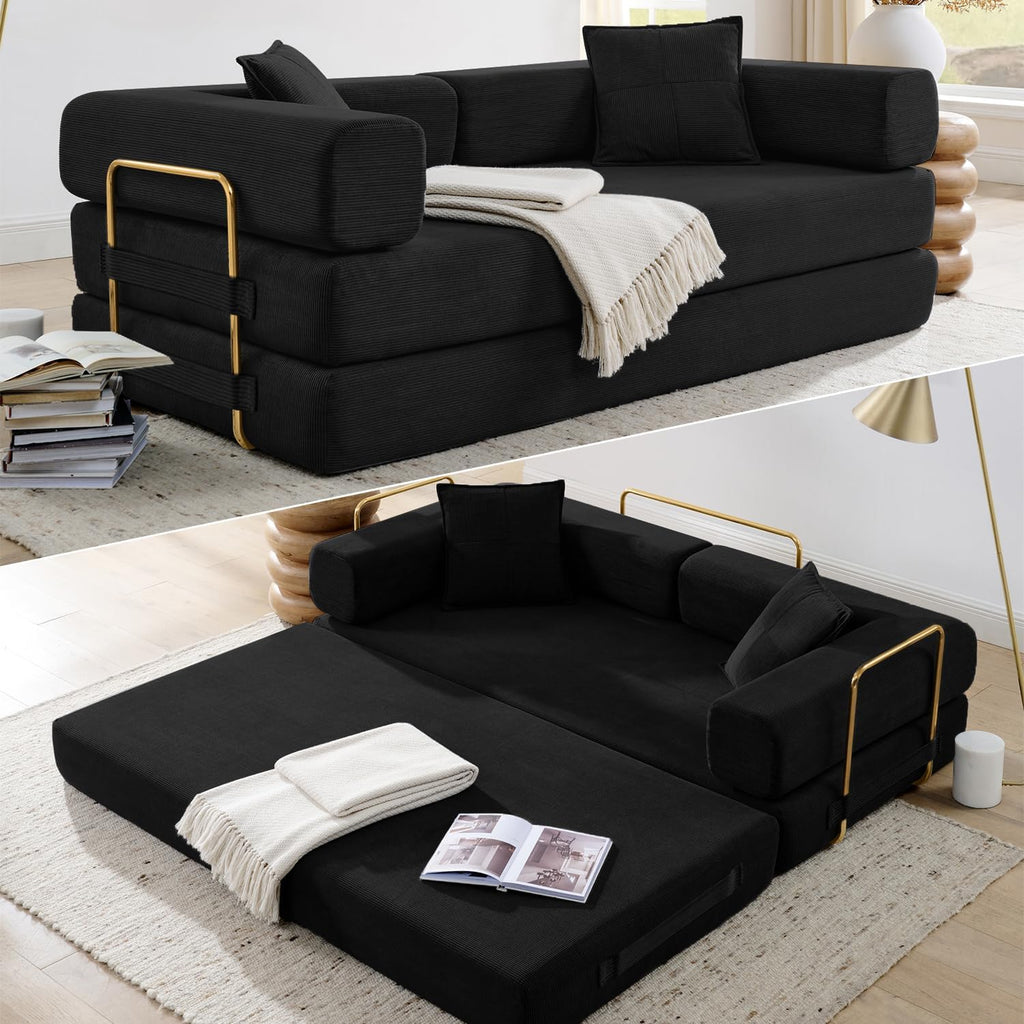 HANXIN 78 Inch Convertible Sleeper Sofa Bed, Folding Floor Mattress Couch with Fixed-Shape Frame, Futon Couch Lounge Loveseat with Pull Out Bed, No Assembly Required (Black)