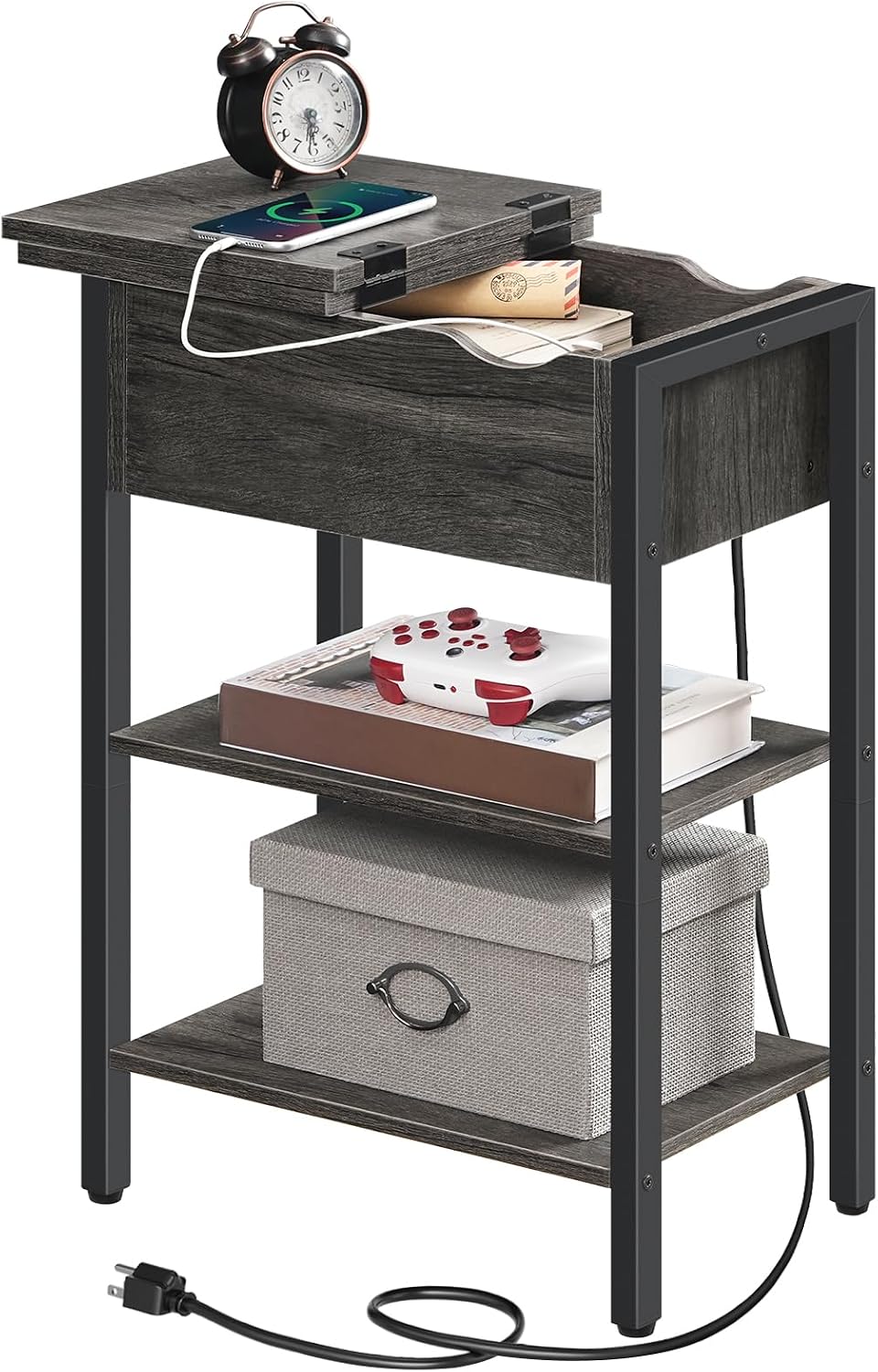 HOOBRO End Table with Charging Station, Narrow Side Table, Flip Top Nightstand with USB Ports and Outlets, Bedside Tables with Shelf for Small Spaces, Living Room, Charcoal Black BC341BZ01