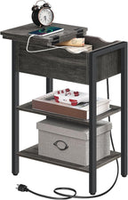 HOOBRO End Table with Charging Station, Narrow Side Table, Flip Top Nightstand with USB Ports and Outlets, Bedside Tables with Shelf for Small Spaces, Living Room, Charcoal Black BC341BZ01