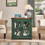 Joaxswe Farmhouse End Table, 24" Large Sofa Side Table with Charging Station Glass Barn Door, Wood Nightstand with Adjustable Storage Shelf, Square Bedside Table for Living Room, Bedroom, Office-Green