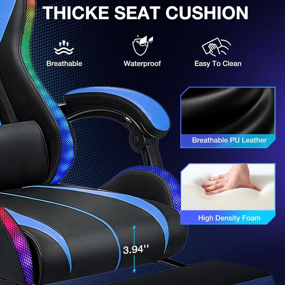 RGB Gaming Chair with Bluetooth Speakers and LED Lights Computer Chair-Blue | Ergonomic Massage Game Chair with Footrest High Back Music Video Game Chair for Adults Boys Gamer Chairs with Lumbar Support