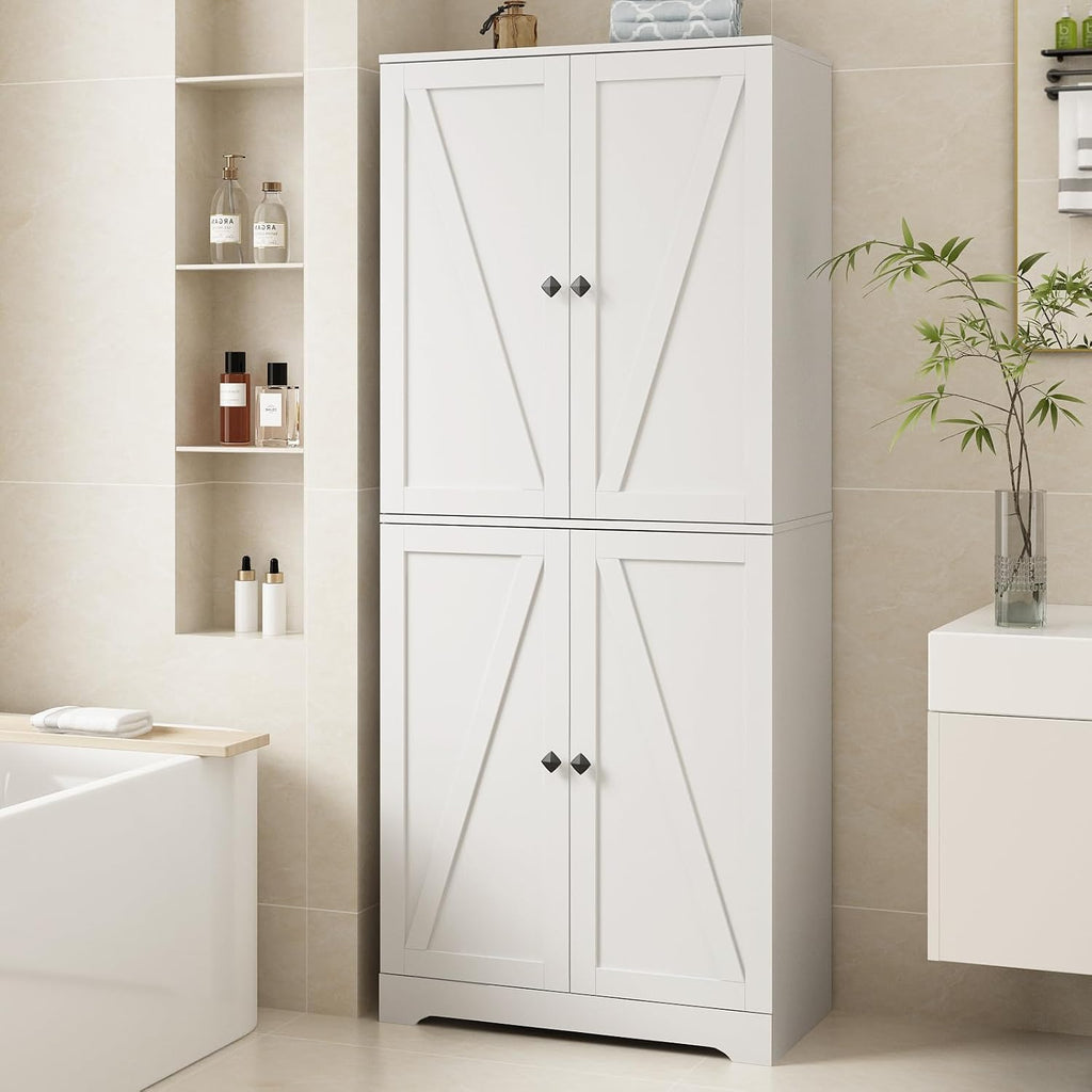 CARPETNAL Farmhouse Pantry Cabinet Set of 2, 72" Tall Wooden Storage Cabinet with 4 Barn Doors & Adjustable Shelf & Square Knobs, Freestanding Kitchen Pantry for Dining Room, Bathroom, White