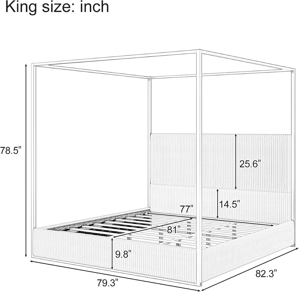Modern Luxury 4-Poster Canopy Platform Bed King Size with Velvet Upholstered Tall Headboard, Metal Canopied Design Platform Bed Frame with Strong Slats Support (Beige+Gold-King)