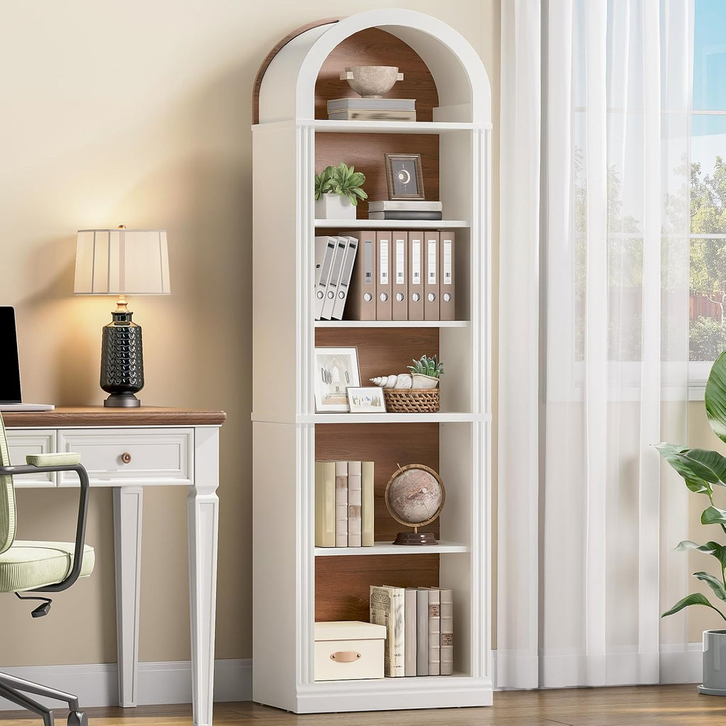 RALGEND Arched Bookshelf, 75.8" Tall Narrow Bookshelf, Arch Bookcase with Storage, 6-Tier Farmhouse Book Shelf, Wooden Arched Cabinet with Open Display Shelves, Adjustable Shelf, Walnut and White