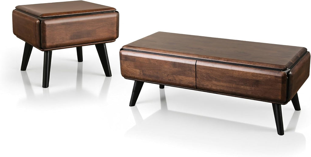 Furniture of America Nazaen Modern 2-Piece Coffee Table Set, Rich Walnut | Solid Wood 48-inch Coffee Table and 25-inch End Table with Drawers and Splayed Legs for Living Room, Home Office