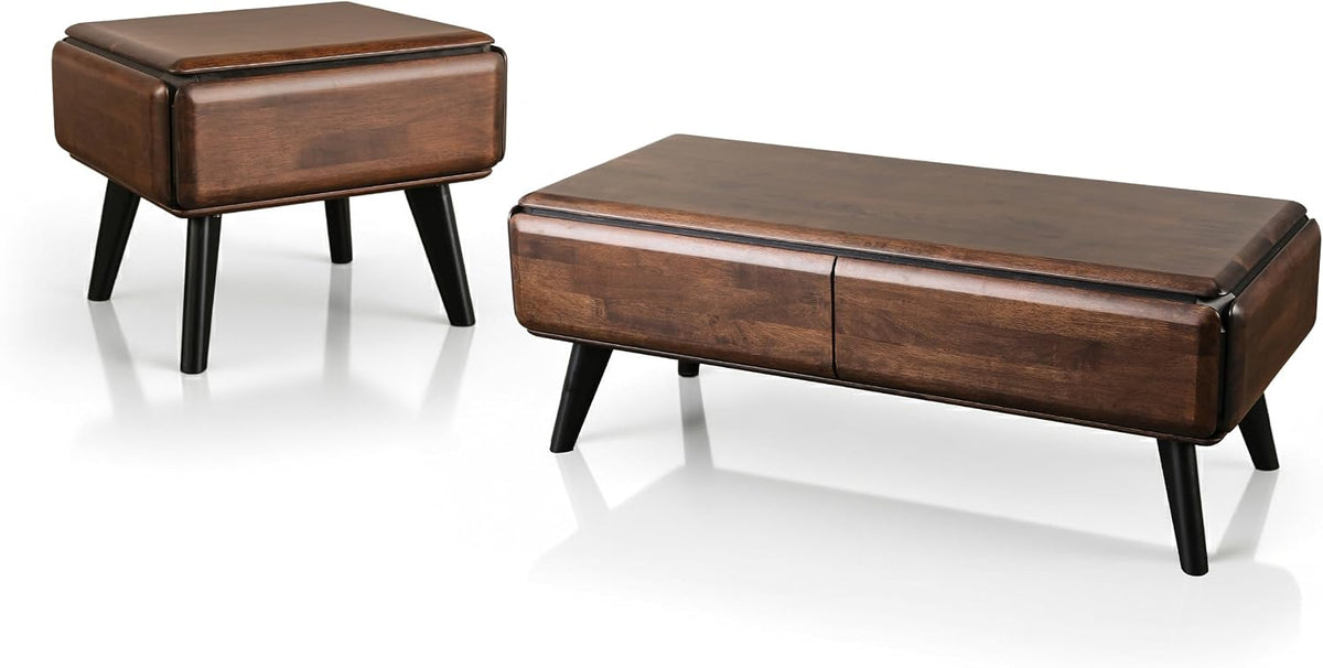 Furniture of America Nazaen Modern 2-Piece Coffee Table Set, Rich Walnut | Solid Wood 48-inch Coffee Table and 25-inch End Table with Drawers and Splayed Legs for Living Room, Home Office