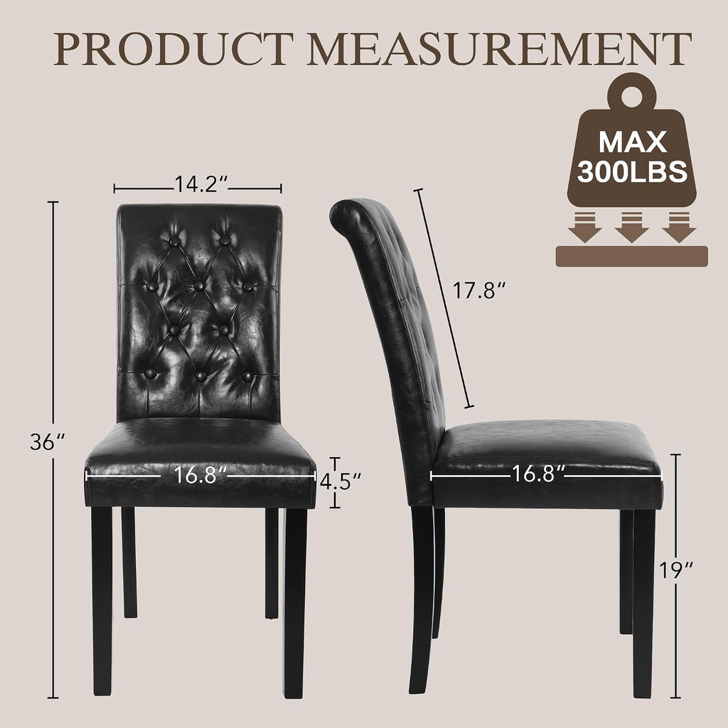 LSSBOUGHT Modern Tufted Dining Chairs Set of 6, Button Padded Leather Kitchen Chairs with Solid Wood Legs (Black, Set of 6)