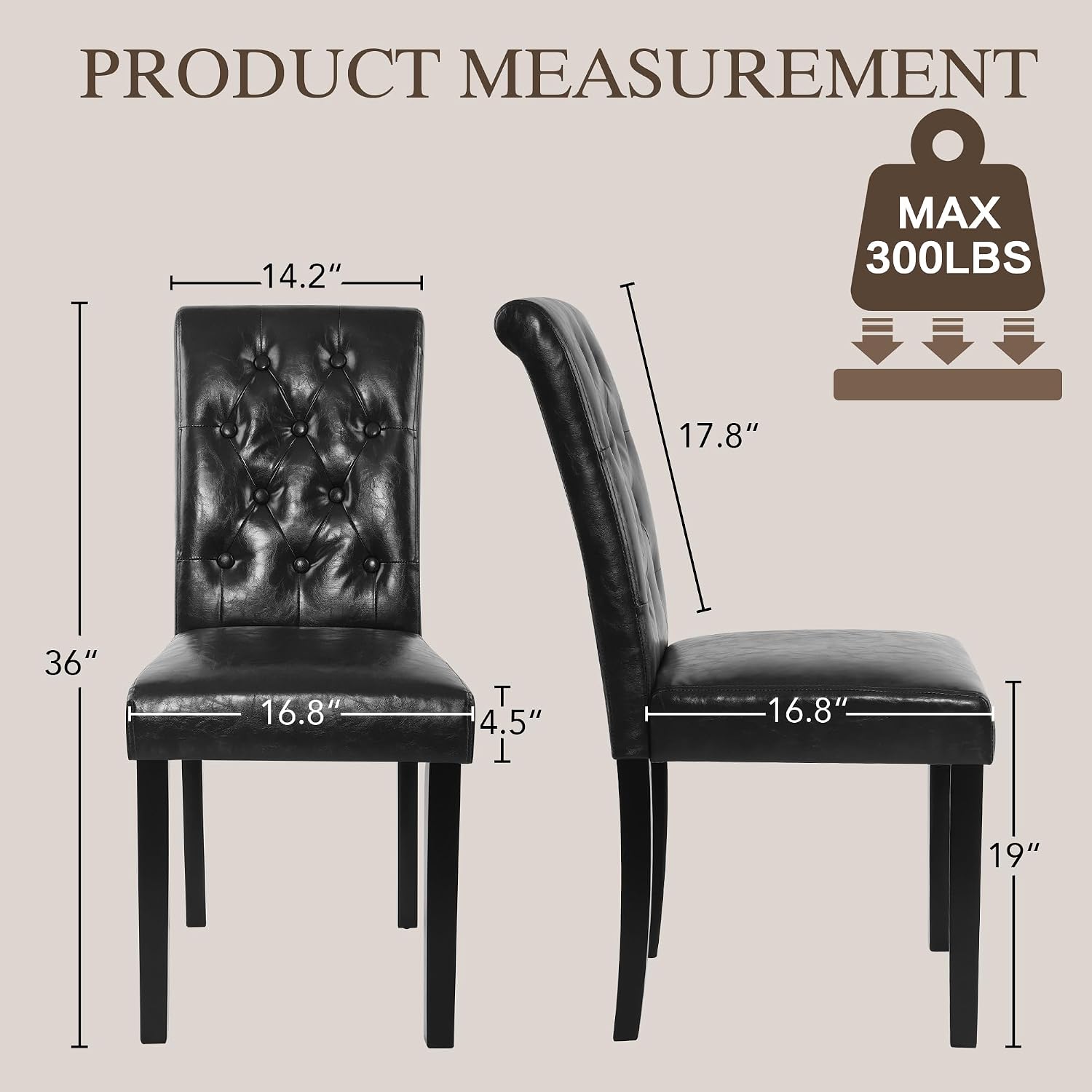 LSSBOUGHT Modern Tufted Dining Chairs Set of 6, Button Padded Leather Kitchen Chairs with Solid Wood Legs (Black, Set of 6)