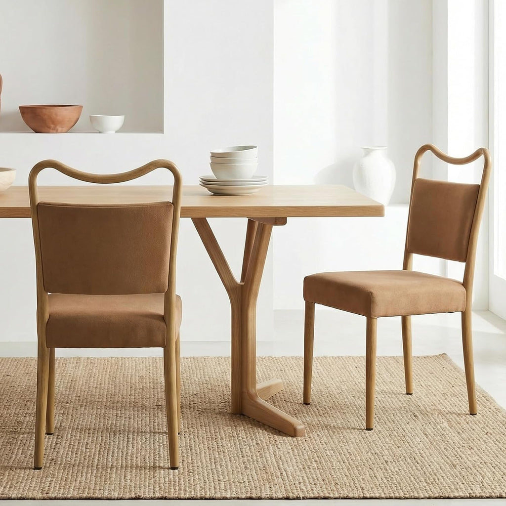 Velvet Dining Chairs Set of 2, Mid-Century Modern, Brown | Wood Grain Metal Frame, Soft Velvet Upholstery, Curved Backrest, 4.5-Inch Padded Seat, 350 LBS Weight Capacity
